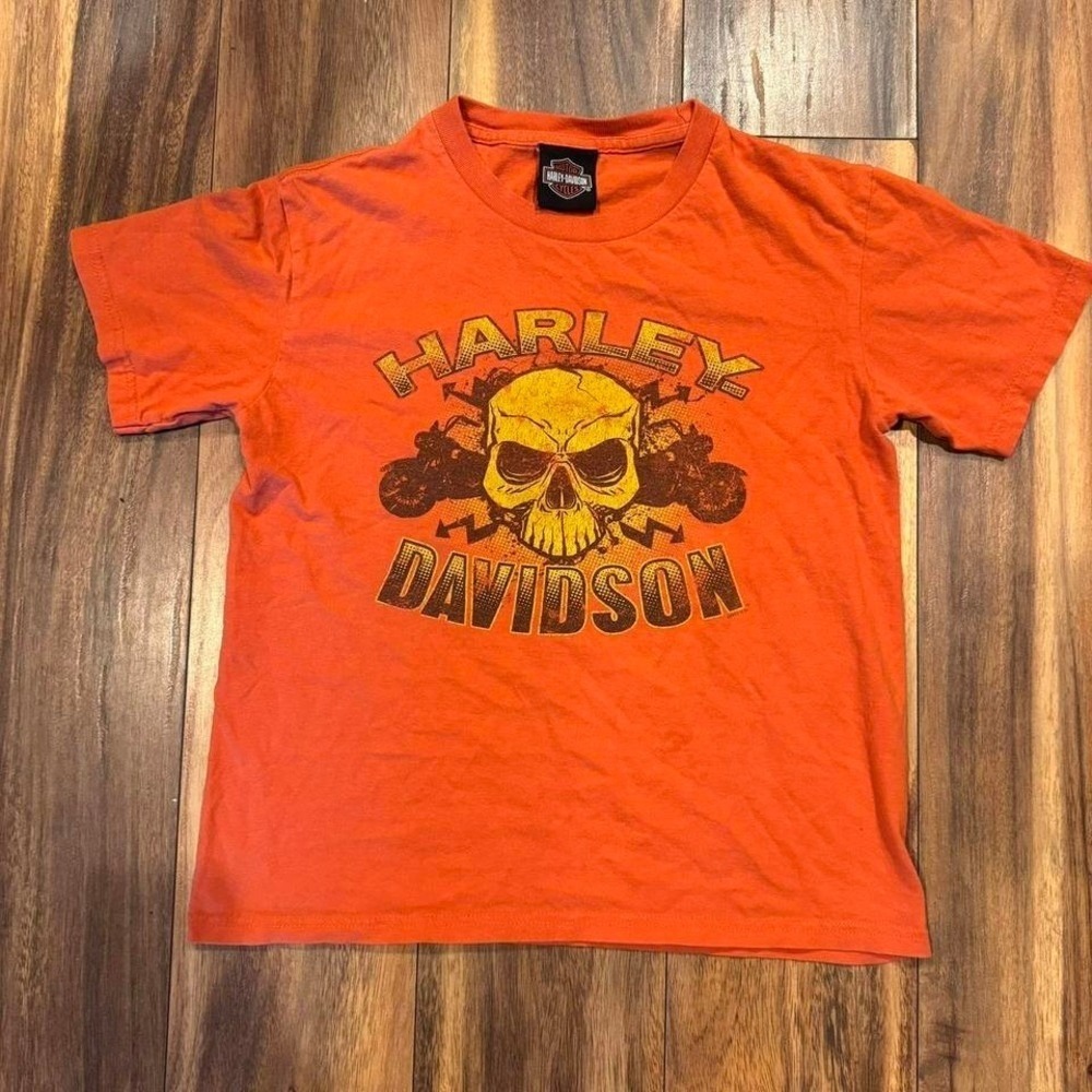Women's Orange Harley Davidson tee with skull design